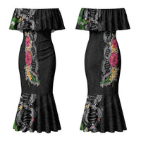 Hawaii DNA Kakau Tattoo Couples Matching Mermaid Dress and Long Sleeve Button Shirt with Plumeria and Hibiscus Tropical Plants Black Color