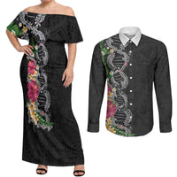 Hawaii DNA Kakau Tattoo Couples Matching Off Shoulder Maxi Dress and Long Sleeve Button Shirt with Plumeria and Hibiscus Tropical Plants Black Color