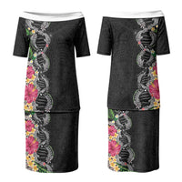 Hawaii DNA Kakau Tattoo Couples Matching Puletasi and Hawaiian Shirt with Plumeria and Hibiscus Tropical Plants Black Color