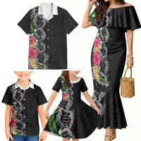 Hawaii DNA Kakau Tattoo Family Matching Mermaid Dress and Hawaiian Shirt with Plumeria and Hibiscus Tropical Plants Black Color