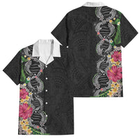 Hawaii DNA Kakau Tattoo Family Matching Off Shoulder Maxi Dress and Hawaiian Shirt with Plumeria and Hibiscus Tropical Plants Black Color