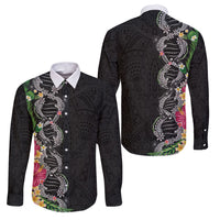 Hawaii DNA Kakau Tattoo Family Matching Off Shoulder Maxi Dress and Hawaiian Shirt with Plumeria and Hibiscus Tropical Plants Black Color