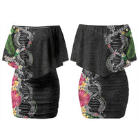 Hawaii DNA Kakau Tattoo Family Matching Off Shoulder Short Dress and Hawaiian Shirt with Plumeria and Hibiscus Tropical Plants Black Color