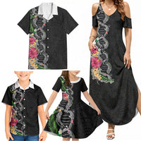Hawaii DNA Kakau Tattoo Family Matching Summer Maxi Dress and Hawaiian Shirt with Plumeria and Hibiscus Tropical Plants Black Color