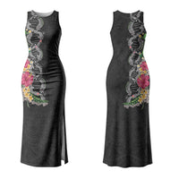 Hawaii DNA Kakau Tattoo Family Matching Tank Maxi Dress and Hawaiian Shirt with Plumeria and Hibiscus Tropical Plants Black Color