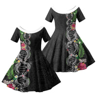 Hawaii DNA Kakau Tattoo Family Matching Tank Maxi Dress and Hawaiian Shirt with Plumeria and Hibiscus Tropical Plants Black Color