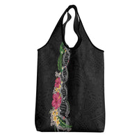 Hawaii DNA Kakau Tattoo Grocery Bag with Plumeria and Hibiscus Tropical Plants Black Color