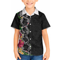 Hawaii DNA Kakau Tattoo Hawaiian Shirt with Plumeria and Hibiscus Tropical Plants Black Color