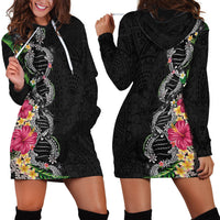 Hawaii DNA Kakau Tattoo Hoodie Dress with Plumeria and Hibiscus Tropical Plants Black Color