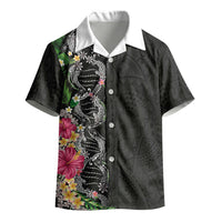Hawaii DNA Kakau Tattoo Kid Hawaiian Shirt with Plumeria and Hibiscus Tropical Plants Black Color LT03 - Polynesian Pride