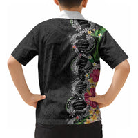 Hawaii DNA Kakau Tattoo Kid Hawaiian Shirt with Plumeria and Hibiscus Tropical Plants Black Color LT03 - Polynesian Pride