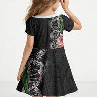 Hawaii DNA Kakau Tattoo Kid Short Sleeve Dress with Plumeria and Hibiscus Tropical Plants Black Color LT03 - Polynesian Pride