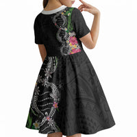 Hawaii DNA Kakau Tattoo Kid Short Sleeve Dress with Plumeria and Hibiscus Tropical Plants Black Color LT03 - Polynesian Pride