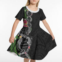 Hawaii DNA Kakau Tattoo Kid Short Sleeve Dress with Plumeria and Hibiscus Tropical Plants Black Color LT03 - Polynesian Pride