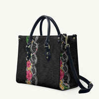 Hawaii DNA Kakau Tattoo Leather Bag with Plumeria and Hibiscus Tropical Plants Black Color