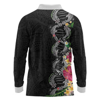 Hawaii DNA Kakau Tattoo Long Sleeve Polo Shirt with Plumeria and Hibiscus Tropical Plants Black Color