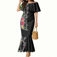 Hawaii DNA Kakau Tattoo Mermaid Dress with Plumeria and Hibiscus Tropical Plants Black Color LT03 Women Black - Polynesian Pride
