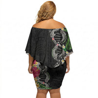 Hawaii DNA Kakau Tattoo Off Shoulder Short Dress with Plumeria and Hibiscus Tropical Plants Black Color LT03 - Polynesian Pride