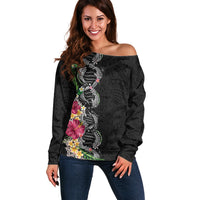 Hawaii DNA Kakau Tattoo Off Shoulder Sweater with Plumeria and Hibiscus Tropical Plants Black Color
