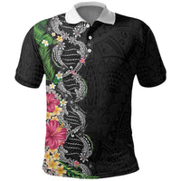 Hawaii DNA Kakau Tattoo Polo Shirt with Plumeria and Hibiscus Tropical Plants Black Color LT03 Black - Polynesian Pride