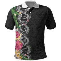 Hawaii DNA Kakau Tattoo Polo Shirt with Plumeria and Hibiscus Tropical Plants Black Color