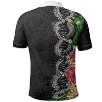Hawaii DNA Kakau Tattoo Polo Shirt with Plumeria and Hibiscus Tropical Plants Black Color LT03 - Polynesian Pride