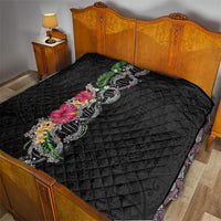 Hawaii DNA Kakau Tattoo Quilt with Plumeria and Hibiscus Tropical Plants Black Color