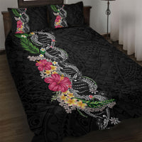 Hawaii DNA Kakau Tattoo Quilt Bed Set with Plumeria and Hibiscus Tropical Plants Black Color