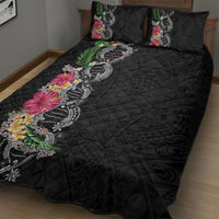 Hawaii DNA Kakau Tattoo Quilt Bed Set with Plumeria and Hibiscus Tropical Plants Black Color