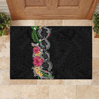 Hawaii DNA Kakau Tattoo Rubber Doormat with Plumeria and Hibiscus Tropical Plants Black Color