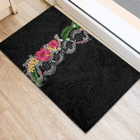 Hawaii DNA Kakau Tattoo Rubber Doormat with Plumeria and Hibiscus Tropical Plants Black Color