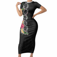 Hawaii DNA Kakau Tattoo Short Sleeve Bodycon Dress with Plumeria and Hibiscus Tropical Plants Black Color