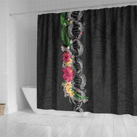 Hawaii DNA Kakau Tattoo Shower Curtain with Plumeria and Hibiscus Tropical Plants Black Color