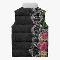 Hawaii DNA Kakau Tattoo Sleeveless Puffer Jacket with Plumeria and Hibiscus Tropical Plants Black Color