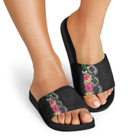 Hawaii DNA Kakau Tattoo Slide Sandals with Plumeria and Hibiscus Tropical Plants Black Color