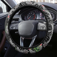 Hawaii DNA Kakau Tattoo Steering Wheel Cover with Plumeria and Hibiscus Tropical Plants Black Color