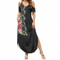 Hawaii DNA Kakau Tattoo Summer Maxi Dress with Plumeria and Hibiscus Tropical Plants Black Color LT03 Women Black - Polynesian Pride