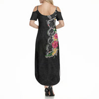 Hawaii DNA Kakau Tattoo Summer Maxi Dress with Plumeria and Hibiscus Tropical Plants Black Color LT03 - Polynesian Pride