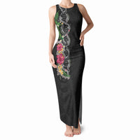 Hawaii DNA Kakau Tattoo Tank Maxi Dress with Plumeria and Hibiscus Tropical Plants Black Color LT03 Women Black - Polynesian Pride