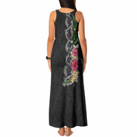 Hawaii DNA Kakau Tattoo Tank Maxi Dress with Plumeria and Hibiscus Tropical Plants Black Color LT03 - Polynesian Pride