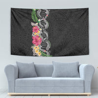 Hawaii DNA Kakau Tattoo Tapestry with Plumeria and Hibiscus Tropical Plants Black Color
