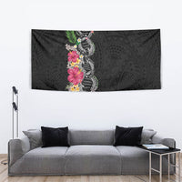 Hawaii DNA Kakau Tattoo Tapestry with Plumeria and Hibiscus Tropical Plants Black Color