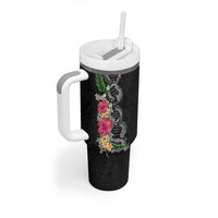 Hawaii DNA Kakau Tattoo Tumbler With Handle with Plumeria and Hibiscus Tropical Plants Black Color