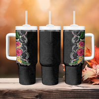 Hawaii DNA Kakau Tattoo Tumbler With Handle with Plumeria and Hibiscus Tropical Plants Black Color