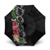 Hawaii DNA Kakau Tattoo Umbrella with Plumeria and Hibiscus Tropical Plants Black Color