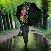 Hawaii DNA Kakau Tattoo Umbrella with Plumeria and Hibiscus Tropical Plants Black Color