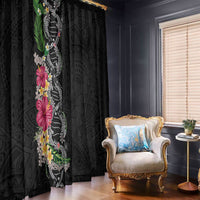 Hawaii DNA Kakau Tattoo Window Curtain with Plumeria and Hibiscus Tropical Plants Black Color
