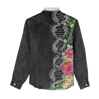 Hawaii DNA Kakau Tattoo Women Casual Shirt with Plumeria and Hibiscus Tropical Plants Black Color