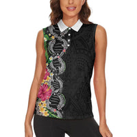 Hawaii DNA Kakau Tattoo Women Sleeveless Polo Shirt with Plumeria and Hibiscus Tropical Plants Black Color