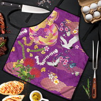 Hawaiian and Japanese Culture Together Apron Kakau Tribal Pattern and Irezumi Art Purple Color